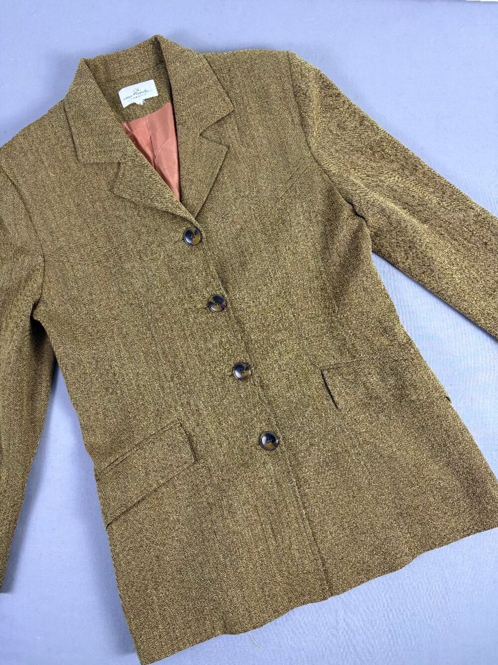Camaieu Vintage Style Wool Herringbone Blazer Brown Olive Size 2 Medium
